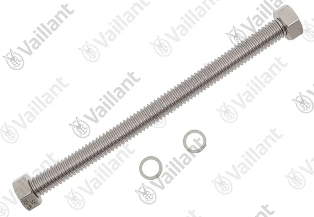 Vaillant Metallbolzen mit zwei Unterlegscheiben, gerillt, im Vordergrund auf weißem Hintergrund.
